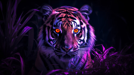 the image showcases the captivating glowing purple eyes of a tiger, rendered in a mesmerizing blend of dark pink and dark orange hues. this 8k 3d artwork, created using cross-processed film techniques, boasts realistic lighting that enhances the gothic dark intensity. with remarkable accuracy in depicting the fauna and flora, this contest-winning masterpiece is truly captivating. ai generatedの素材