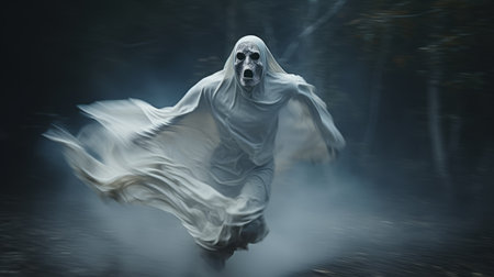 a ghost, depicted in a lifelike rendering, is seen running through a dark and eerie forest. the image features a smokey background, adding to the haunting atmosphere. the ghost is slumped and draped, with photorealistic accuracy, resembling a movie still. the detailed costumes and reimagined religious art elements further enhance the overall impact of the image. ai generatedの素材