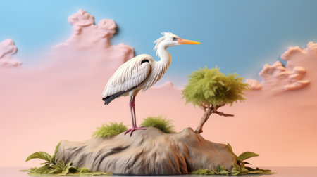 a stork is depicted in this 3d rendering, showcasing a unique art illustration photography style reminiscent of pastel-colored landscapes. inspired by artists like martiros saryan and sebastian errazuriz, the image captures the essence of miniature dioramas and nature-inspired compositions. elba damast's influence is evident in the soft-focus technique used to create this captivating piece. ai generatedの素材