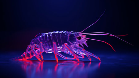 a small transparent toy bug with a surrealistic touch, glowing in the dark. this realistic-style bug features a reduction of canine anatomy, with bold lines and vibrant dark magenta color. the uhd image showcases intricate underwater worlds and extravagant table settings, making it an extravagant and visually captivating piece. ai generatedの素材