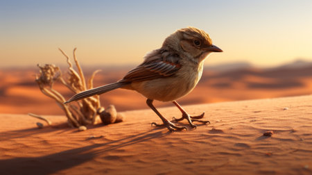 a desert bird perched on the sandy dunes, captured in the artistic style of john wilhelm. this concept art photograph, reminiscent of the works of magali villeneuve and patricia piccinini, showcases the bird's unique features. with a shallow depth of field, the image creates a captivating visual effect. this stunning photograph was the well-deserved winner of a contest. ai generatedの素材