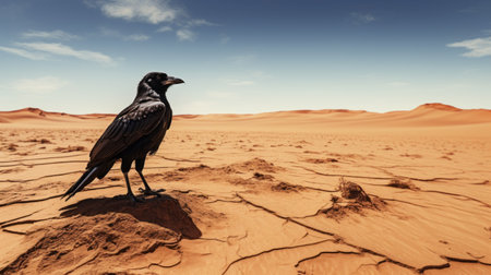 a black crow, depicted in a pensive surrealism style, stands in the vastness of the desert. this high-resolution image showcases the intricate details of the crow's feathers and the barren landscape. with a touch of irony and humor, this historical illustration, created using unreal engine 5, captivates viewers with its solarizing master technique. creative commons attribution allows for its versatile use. ai generatedの素材