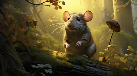 a rat stands in the middle of a forest, showcasing hyper-realistic details and bathed in golden light. the playful character design, rendered in maya using photo-realistic techniques, captures the essence of the scene. the cranberrycore aesthetic adds a unique touch, with a strong emphasis on character design. ai generatedの素材