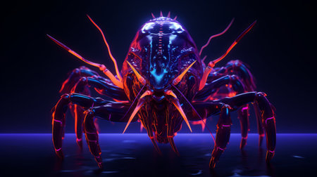 an oculus spider, a mesmerizing creature of nature, captured in a retro-futuristic cyberpunk style. this 8k 3d image showcases vibrant neon colors, reminiscent of the artwork by oleksandr bogomazov. the transfixing marine scenes and polished metamorphosis of the spider create an explosive wildlife experience. ai generatedの素材
