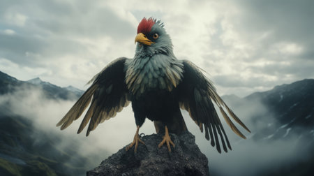 a majestic bird, with a vibrant and eye-catching beak, perches confidently on a rock. this stunning photograph, created in the style of photorealistic surrealism, showcases the bird's dark gray and red plumage against a breathtaking mountainous backdrop. the image, rendered using maya software, captures the essence of mythological storytelling and offers a captivating aerial view. ai generatedの素材