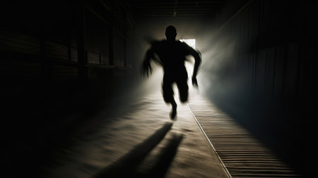 a blurred image of a man in a dark building, illuminated by a captivating light. this photo captures the essence of energetic movement and imaginative prison scenes. with a notable sense of movement, it embodies elements of zombiecore and forced perspective. additionally, it serves as a powerful commentary on race, while incorporating elements of traincore. ai generatedの素材