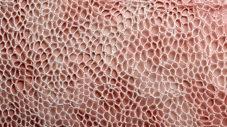 a close-up portrait of a pink cell wall showcasing delicate and intricate details. the style resembles detailed anatomy, with the use of fabric and caffenol developing techniques. the color palette consists of light red and beige tones, while the artist has employed intricate hatching to create rounded shapes. ai generatedの素材