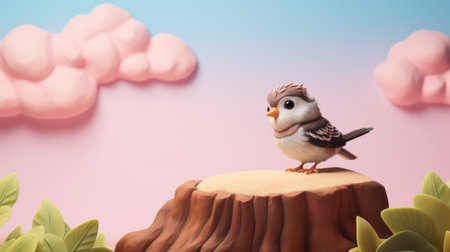 a real miniature bird perched on a green stump in a 3dsmax scene. the playful cartoonish illustrations feature a light pink and sky-blue style, with depth-defying murals and smokey background. the close-up shot showcases the bird's playful character design against fictional landscapes. ai generatedの素材