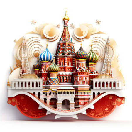 cutout style 3d illustration of an old style moscow landmark in space, inspired by tristan eaton. the artwork features a combination of white and red colors, vibrant layered forms, and intricately carved religious icons. created by anastasiya dobrovolskaya, this innovative page design showcases balanced symmetry and a unique artistic approach. ai generatedの素材