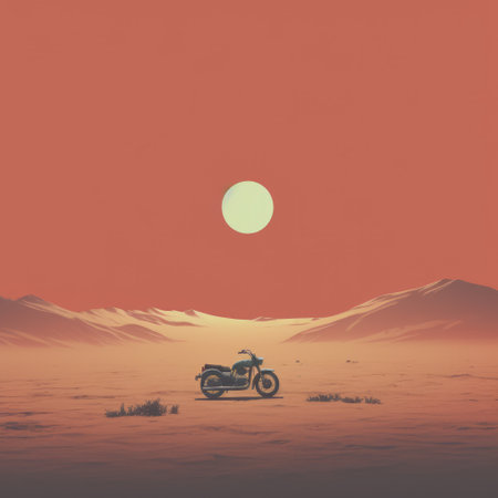 a motorcycle traverses a serene landscape in this hd art illustration by dpcr and jon b. the minimalist color field style, reminiscent of mars ravelo's work, is enhanced by retro filters. the scene, shot on 70mm, captures the moody and tranquil essence, with subtle orientalist influences, reminiscent of scott listfield's art. ai generatedの素材