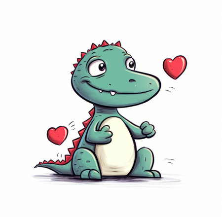 a dinosaur valentine is depicted in this vector illustration 101699. the cartoonish character design showcases a dragon surrounded by hearts, with flat shading and a teal color scheme. the artwork incorporates elements of salvagepunk and massurrealism, while the subtle expressions add to the handsome appeal of the image. ai generatedの素材