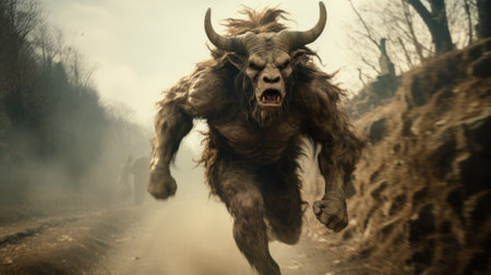 a monster with horns, reminiscent of zack snyder's style, is captured in a forest setting. the creature's light brown and dark beige tones add to its menacing appearance. the intense movement expression and historical reimagining create a dynamic and action-packed scene. the photograph is taken using a zeiss milvus 25mm f/1.4 ze lens, enhancing the details of the subject. salvator rosa's influence is evident inの素材