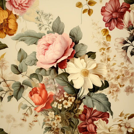a high-resolution wallpaper featuring a classical still life with realistic usage of light and color. the floral prints showcase a variety of colors, including light crimson and yellow. the composition includes porcelain elements, flowing draperies, and an arrangement made entirely of flowers. ai generatedの素材