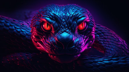 an emerald snake, created in the style of zbrush, gazes at the screen under black lights. the dark indigo and crimson colors add to its eerie and expressive character design. caras ionut's close-up shots capture the snake's eerily realistic features, highlighted by the light red and violet tones. ai generatedの素材