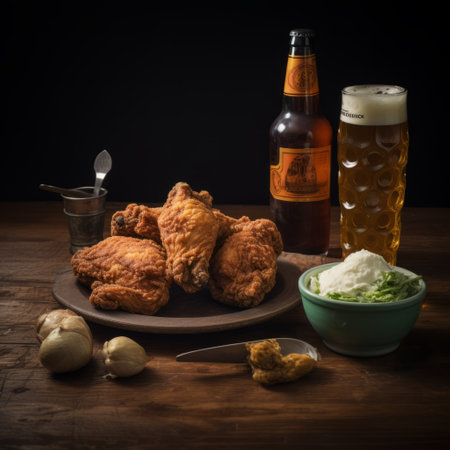 beer, chicken wings, and garlic are arranged on a table, with a refreshing beer placed nearby. this captivating photo, captured with the tokina at-x 11-16mm f/2.8 pro dx ii lens and enhanced with softbox lighting, showcases a delightful combination of flavors. the image exudes a sense of historical subjects, youthful energy, and a multi-layered composition. with a touch of nostalgia and the vibrant rtx onの素材