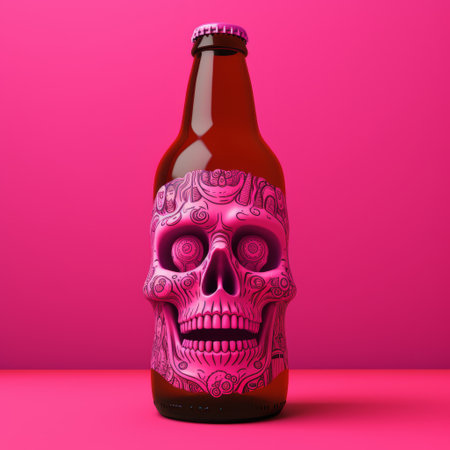 the day of the dead beer is a vibrant pink bottle featuring a skull design. the bottle showcases a unique blend of vray tracing, linear illustrations, and realistic attention to detail. with its heavy impasto technique and bold color usage, this recycled bottle captures the essence of the day of the dead celebration. a close-up view reveals the intricate and captivating design. ai generatedの素材