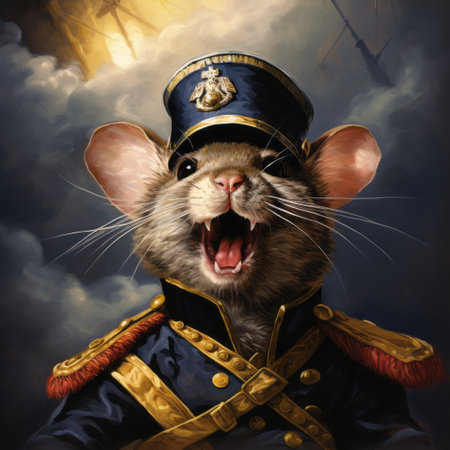 pirate mouse in uniform climbing ship, hyper-realistic portraiture, dark sky-blue and gold, wildlife portraits, jim burns, satirical commentary, chen zhen, rough gesturalism. ai generatedの素材