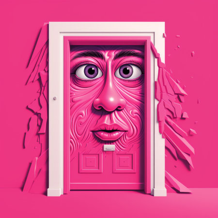 a pink door with a hyperrealistic face illustration, featuring detailed character design and vivid portraiture. this psychedelic and aggressive digital illustration showcases surreal theatrics in the style of bryce 3d. ai generatedの素材