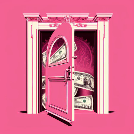 pink door with money flowing out, graphic design poster art style, detailed layered compositions, american iconography, editorial illustrations, modern-baroque, strong contrast, chiaroscuro, illustration. ai generatedの素材