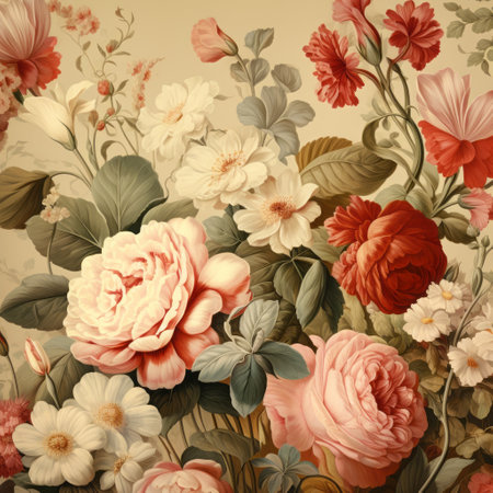 a painting of flowers and vines in the style of baroque classicism, featuring highly detailed illustrations and a realistic color palette. the artwork showcases a combination of light red and dark beige tones, with a meticulous design that highlights the intricate beauty of the subject. this vibrant piece captures the essence of colorful neo-romanticism in stunning 8k resolution. ai generatedの素材