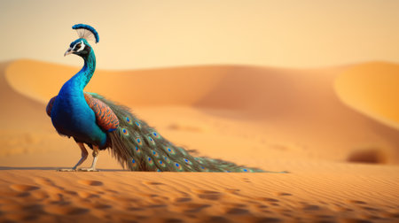 blue peacock with feathers standing gracefully in the desert. this stunning image showcases the peacock's vibrant blue plumage, rendered in a hyper-realistic style using cinema4d. the pixelated landscapes and minimal retouching add a unique touch to this photo, while the golden light enhances the photo-realistic techniques used. a mesmerizing bird study captured with precision and showcased on sketchfab. ai generatedの素材