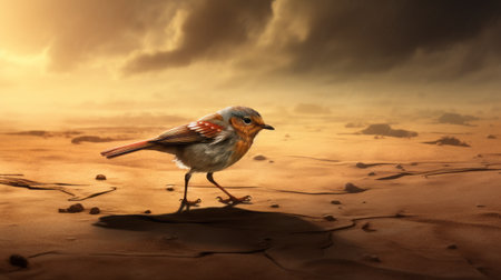 a brown and black bird is captured in this high-definition photo, standing on a desert ground. the image is reminiscent of a fantasy illustration, with a touch of kevin hill's artistic style. the bird's feathers glisten in shades of light silver and orange, while its wandering eye adds to its charming character. the photo is taken with high-speed sync, resulting in a visually captivating image.の素材