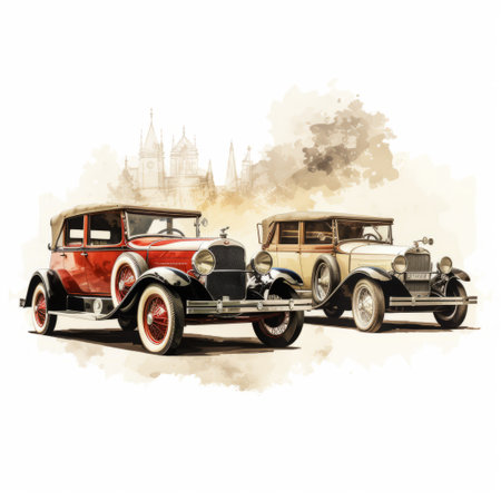 two old fashioned cars, depicted in brushstrokes on a white background, showcase the unique style of futurist gothic. the dark red and beige colors, resembling realistic watercolor paintings, add depth to this danube school-inspired illustration. with a resolution of 32k uhd, this mid-century illustration captures the essence of classical and historical genre scenes. ai generatedの素材