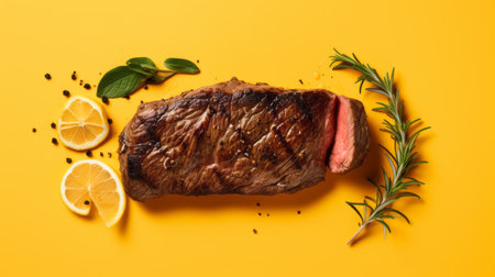 steak lovers rejoice! this mouth-watering thin steak is served with fresh lemon slices and herbs, all beautifully presented on a sunny yellow background. the weathercore style adds a touch of warmth to the image, while the bold shapes and dark orange and brown wrapping give it a rustic feel. captured with the tamron sp 70-200mm f/2.8 di vc usd g2 lens, this photo is aの素材