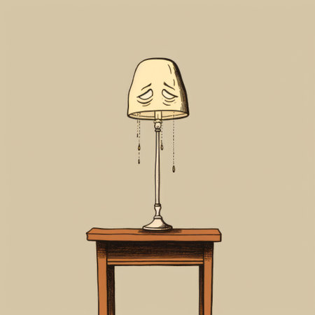 a wooden table stands beside a lamp shaped like a crying face. this unique lamp features highly detailed illustrations, a flat perspective, vignetting, happenings, ink and wash techniques, and low resolution. the energy-filled illustrations on the lamp create a captivating visual experience. ai generatedの素材