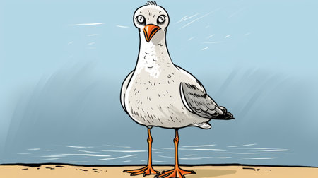 a white and gray bird stands on the beach by the ocean, portrayed in an editorial cartooning style. the emphasis is on its expressive facial expressions, highlighted through scientific illustrations. with shiny eyes, this colored cartoon-style image captures the bird's character and charm. ai generatedの素材