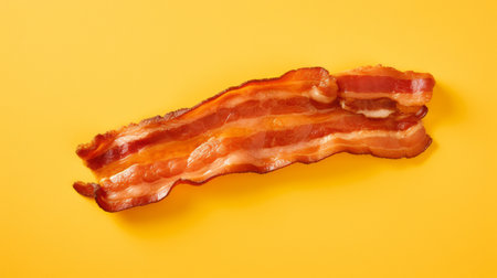 a piece of bacon is showcased on a vibrant yellow background, capturing the essence of commercial imagery. the labcore style is evident, with high-energy and vibrant colors. the composition features graceful curves reminiscent of whistlerian art, creating a visually appealing and energetic image. this bacon photo embodies the kimoicore aesthetic, combining various elements to create a captivating visual experience. ai generatedの素材