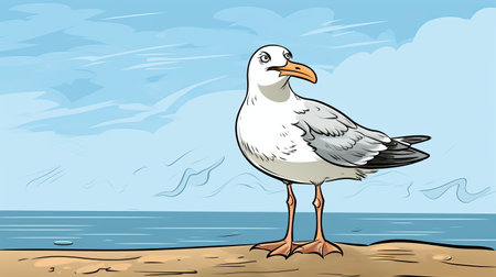 seagull standing on beach water in colored cartoon style with heavy shading and detailed backgrounds. the illustration features a strong facial expression, resembling wimmelbilder and comic cartoon style. ai generatedの素材