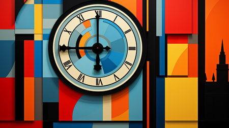 a clock on top of a colorful background, in the style of geometric constructivism, detailed, layered compositions, abstract color fields, realistic rendering, colorful muralist, use of paper, bold graphic patterns. ai generatedの素材