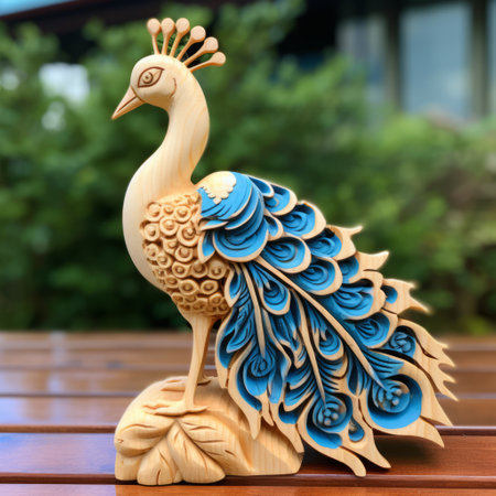 a wood-carved peacock sculpture with a dark sky-blue and light beige color scheme. the photo showcases the intricate design and meticulous linework precision of the piece. the low depth of field adds depth and focus to the three-dimensional puzzles. inspired by dansaekhwa, the sculpture captures the peacock's gentle expressions. ai generatedの素材