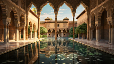 mediterranean courtyard with reflections in pond and palm trees, featuring intricate woodwork and historical inspiration. the photorealistic rendering showcases opulent minimalism and grandiose architecture, with intricate geometric designs and biblical grandeur. ai generatedの素材