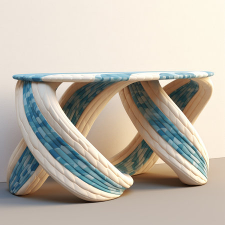 an artistic console featuring blue and white ribs and blue and red rays, designed in a style reminiscent of twisted tangles. the soft renderings highlight the materials used, including light beige and turquoise tones. unconventional poses and imitated material add to its unique appeal, while circular shapes complete the overall aesthetic. ai generatedの素材
