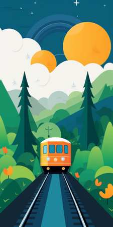 a cute minimalist orange train illustration with only 4 spot colors - orange, dark orange, blue-green, and dark blue-green. the rest of the canvas is a flat blue-green color, indicating the train driving through a minimalist blue-green forest in the rain, with exaggerated perspective. ai generatedの素材