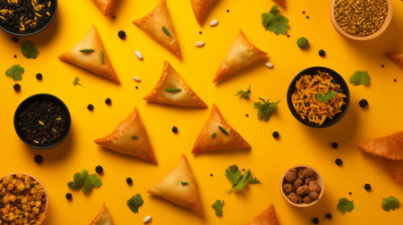 snacks of various types are displayed against a vibrant and colorful background, reflecting the style of indian pop culture. the image features folded planes and a dark yellow color palette, captured in exquisite detail with a 20-megapixel resolution. the high-angle shot adds a unique perspective to the composition, creating a visually striking and dynamic image. ai generatedの素材