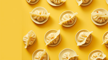 dumplings arranged on a yellow background in a layered imagery style with subtle irony. aerial view of mote kei, post processing, beijing east village, and monochromatic symmetry create a unique visual experience. ai generatedの素材