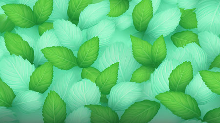 mint leaves in tea colors and green hues on a white background. the gradient style adds depth to the image, while the smokey background creates a sense of mystery. isometric composition and detailed backgrounds make this photo stand out. perfect for vibrant stage backdrops or as part of a fernando botero-inspired collection. keywords: mint leaves, tea colors, green, white background, colorful gradients, smokey background, isometric,の素材