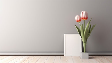 flat picture frame and flowers adorn an empty interior space in light red and gray tones. this 8k 3d image showcases minimalist designs and playful still-lifes, exuding a sense of minimalist purity. the anti-clutter aesthetic and gray-beige color scheme create a serene atmosphere. ai generatedの素材