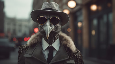 a bird driving through the city in a detailed costume, showcasing darktable processing. this social media portrait captures an ultra-realistic and stylish costume design. the scene is filled with humorous animal moments, creating a unique roguecore experience. ai generatedの素材