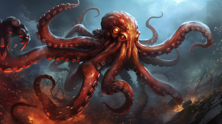 a hyper-detailed illustration of a firey red octopus, in the style of andreas rocha, emerges as the king of its domain. set against a hellish background, this 32k uhd artwork by kevin hill showcases powerful symbolism and scientific precision, making it a captivating piece for enthusiasts of intricate and mesmerizing illustrations. ai generatedの素材