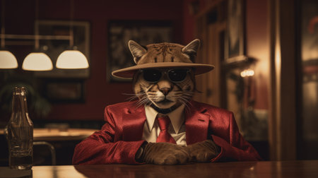 a cat dressed in a crimson and brown suit, styled in rap aesthetics, poses for a tabletop photograph. this zbrush creation showcases junglepunk vibes, reminiscent of cinematic stills and western-style portraits. ai generatedの素材
