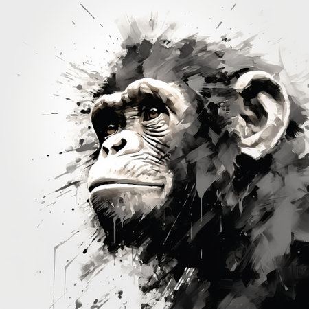 chimpanzee head painting, a photo-realistic illustration in the style of russ mills. this vector art is available for free download on pixabay. the artwork features high contrast and graffiti-inspired animals with a loose handling of paint. the monochromatic white figures create a unique framing and composition. mark lague's influence is evident in this captivating piece. ai generatedの素材
