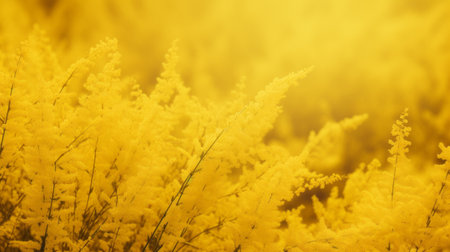 a grove of young yellow flowers bathed in the warm glow of sunshine, showcasing a mesmerizing solarization effect. the attention to detail highlights the delicate textures of fur and feathers, while the minimalistic japanese style adds an air of elegance. the gold and amber hues create a soft and romantic atmosphere, complementing the intricate floral arrangements and bold color contrast. ai generatedの素材