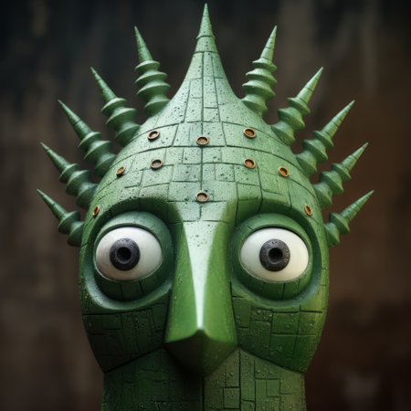 the luthera head by sacrilegius in luthera and rafa 3d model texture features a surreal cartoonish style with spiky mounds, futuristic psychedelia, and a green and bronze color scheme. the adorable toy sculptures create a trompe-l'oeil illusionistic detail with a depth of field. ai generatedの素材
