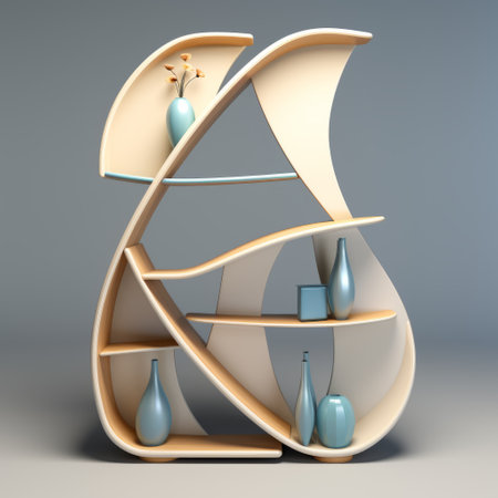 a wooden shelf featuring a decorative vase and bottles, showcasing physically based rendering with spirals and curves. the design incorporates a blend of light beige and azure colors, inspired by modular constructivism. letras y figuras elements add artistic flair, while smooth curves and symmetrical balance enhance the overall aesthetic. ai generatedの素材