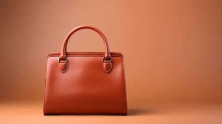 a red leather handbag against an orange background, october 2013. rendered in unreal engine, this brown handbag features minimal retouching. its terracotta hue gives it a smooth and shiny appearance, perfectly complementing the muted colors of the image. with anti-clutter and minimalist designs, this handbag exudes a chic and contemporary vibe. ai generatedの素材