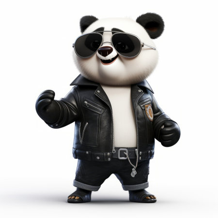 a panda bear wearing a black leather jacket is depicted in this rendered image created in unreal engine. the character caricature showcases a stylish costume design, with the panda standing against a white background. captured using the sony alpha a7 iii, the image has a solarizing master effect, giving it a unique and captivating appearance. ai generatedの素材